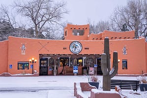 Garden of the Gods Trading Post front entrance in the snow