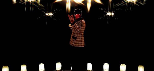 An actor performs on stage at the Iron Springs Melodrama and Dinner Theatre.