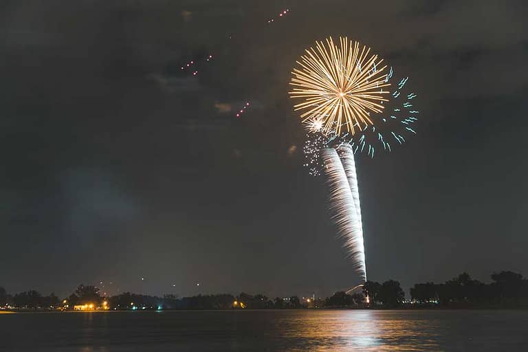 Fireworks over lake