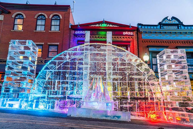 Hall of Justice ice sculpture at Cripple Creek Ice Festival.