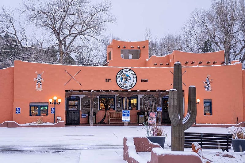 Garden of the Gods Trading Post front entrance in the snow