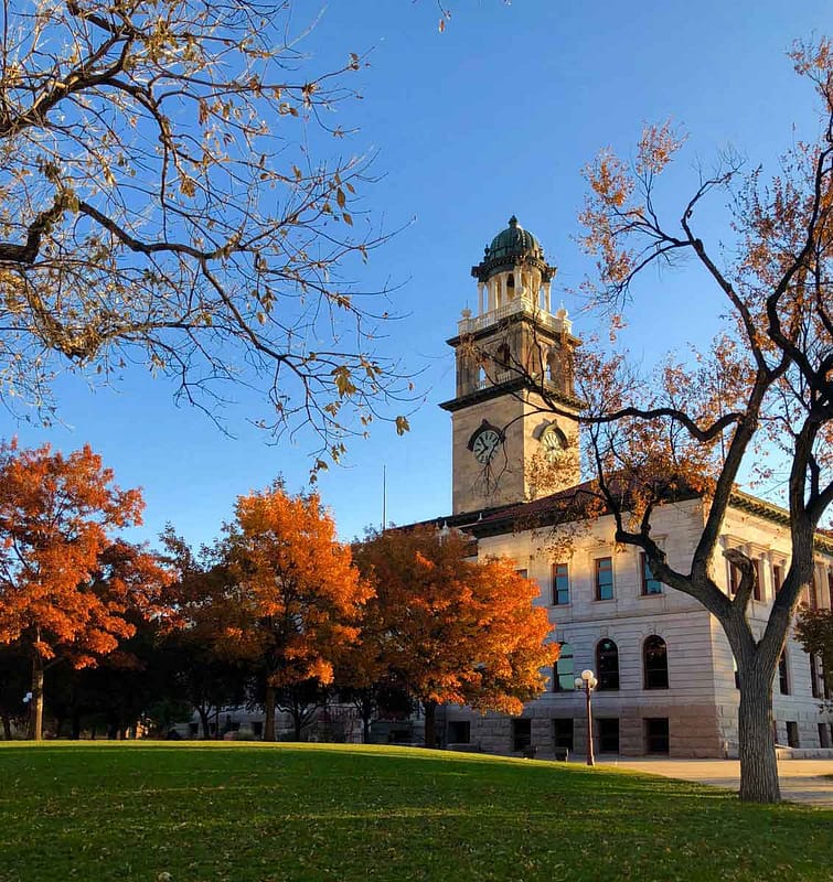 The Pioneer Museum surrounded by colorful foliage.