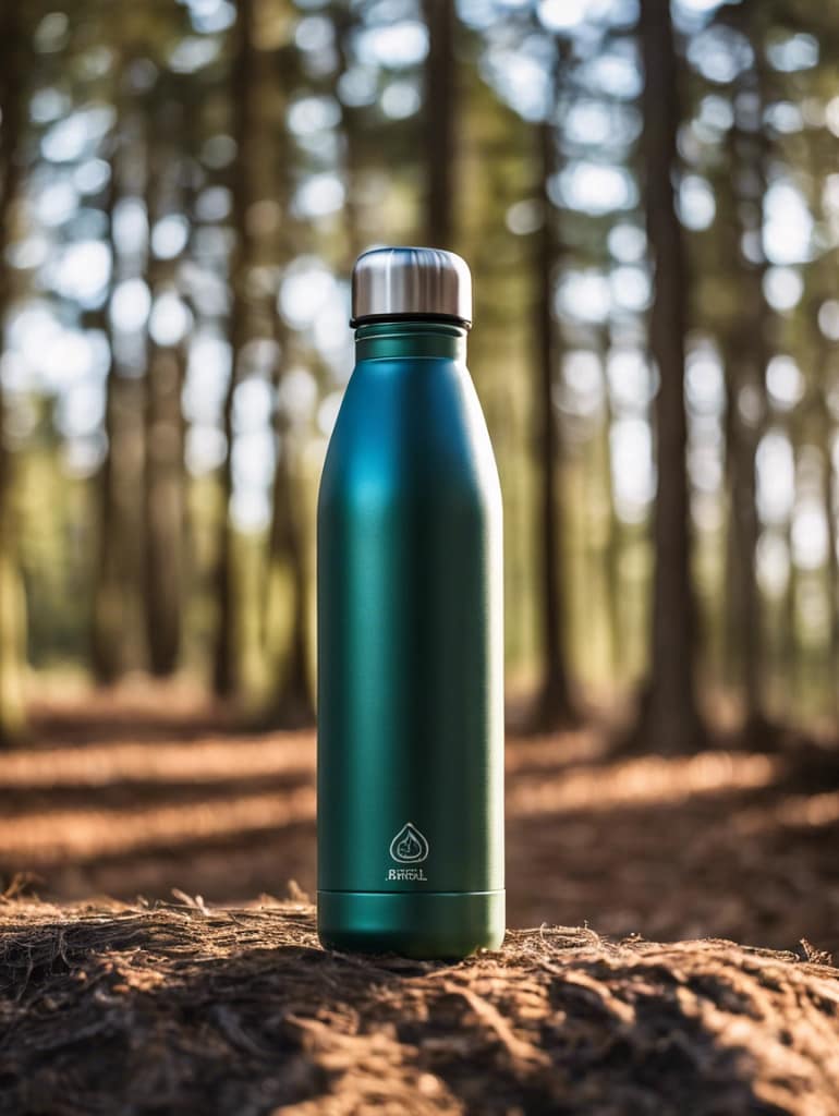 Refillable water bottle outside in the trees.