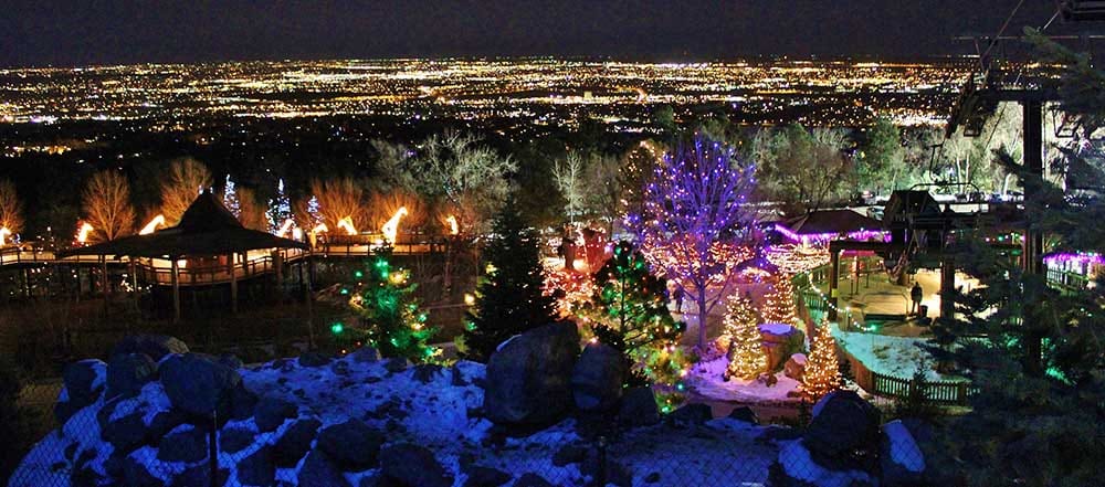 Cheyenne Mountain Zoo view of city and Christmas lights at night