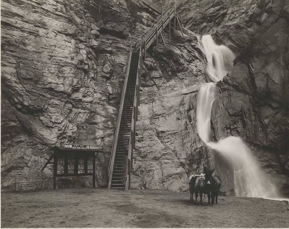 Historic photo of a donkey at Seven Falls