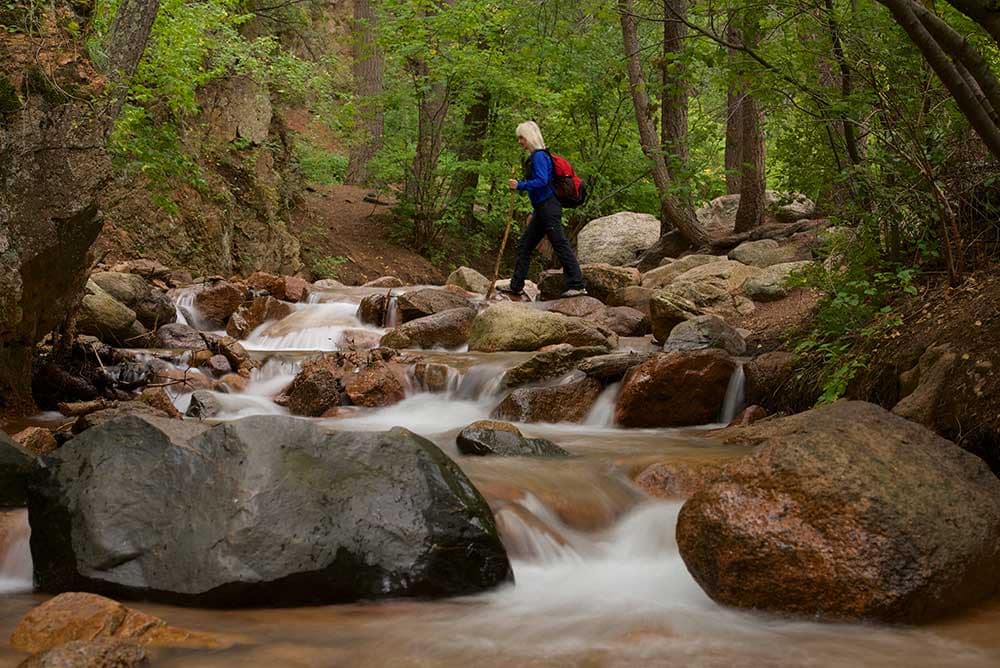 Mujer haciendo senderismo sobre un río en un bosque.
