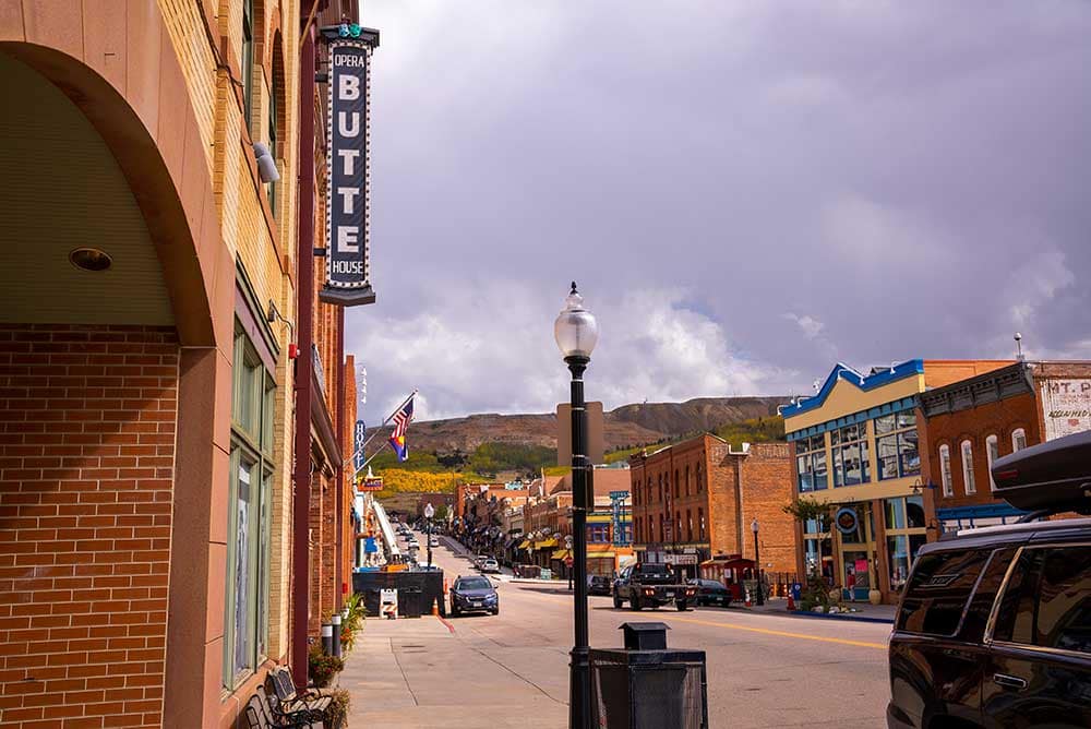 A view of downtown from the sidewalk of the Butte Theater in Cripple Creek.