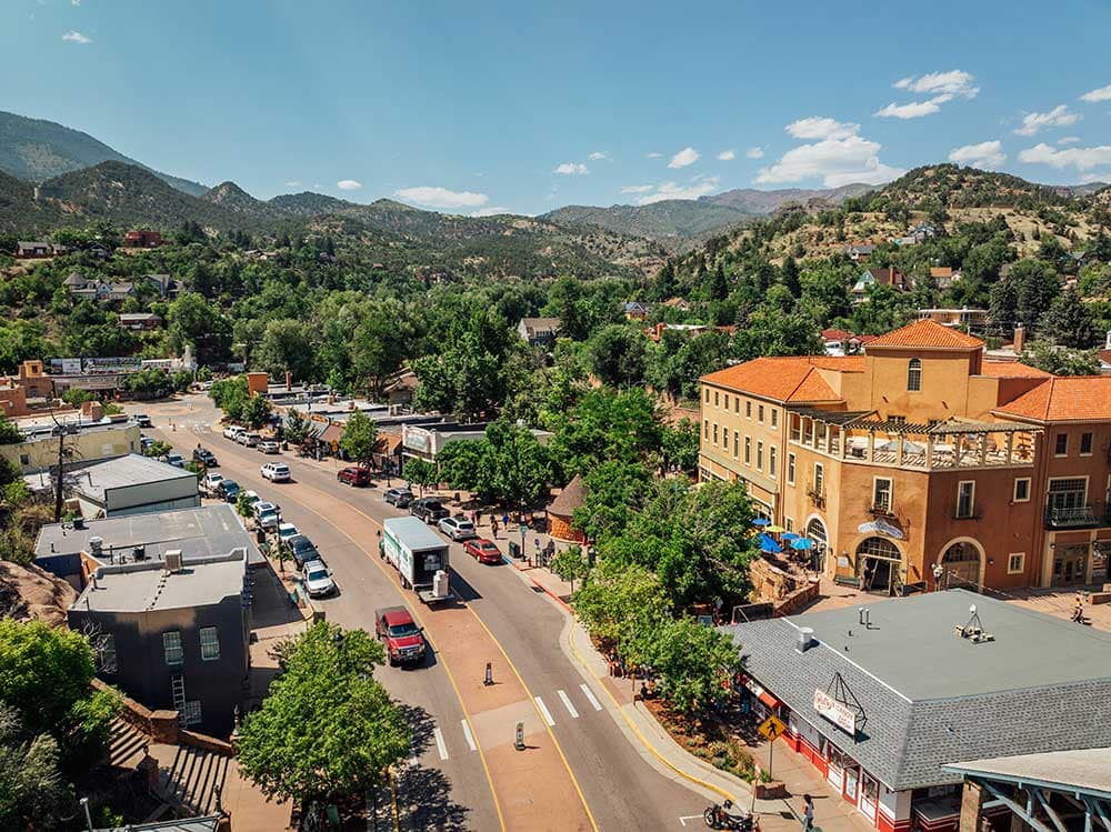 Drone footage of Downtown Manitou Springs in the summer