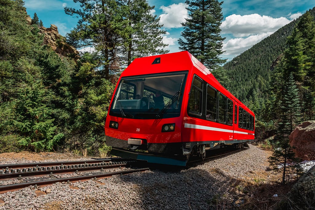 Pikes Peak Cog Railway train in the forest