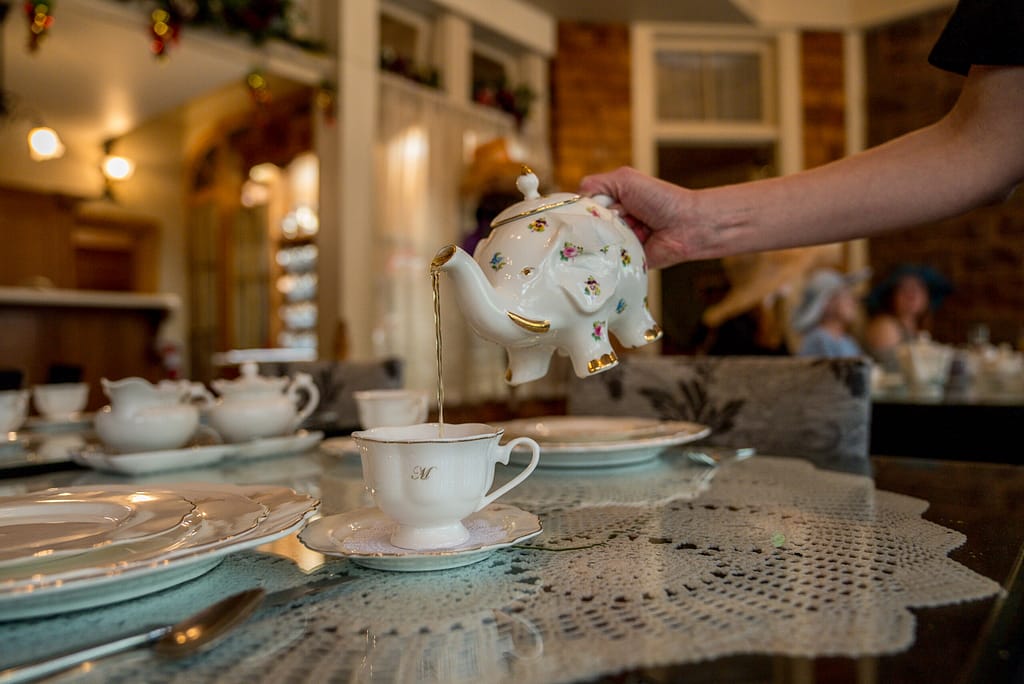 hand pouring tea from elephant-shaped pot into tea cup at Miramont Castle