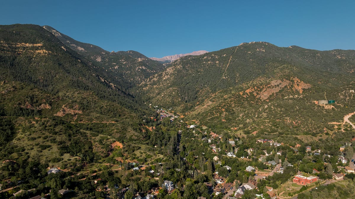 Arial drone view of Manitou Springs and Pikes Peak