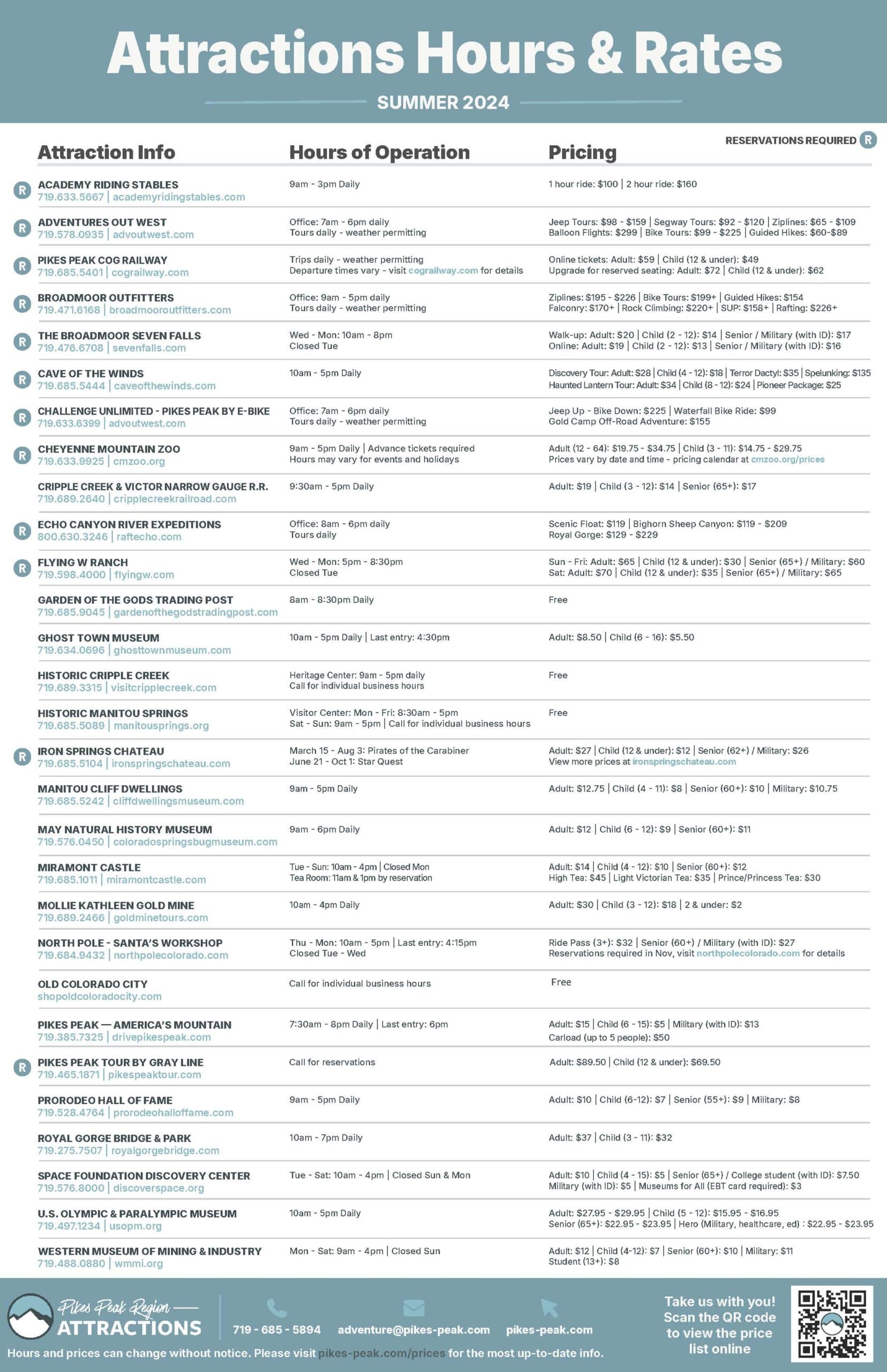 Sample attractions price list.