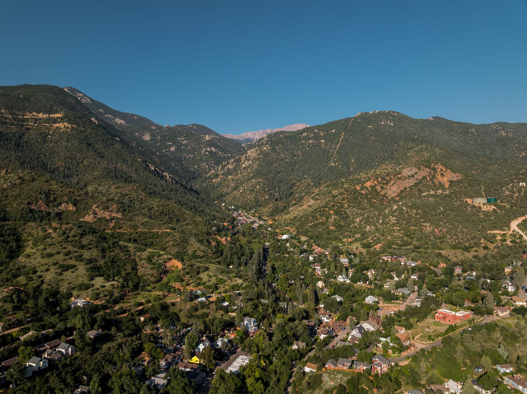 Arial drone view of Manitou Springs and Pikes Peak
