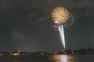 Fireworks over lake