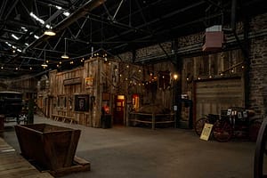 The Ghost Town Museum from a distance, with lights on.