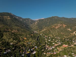 Arial drone view of Manitou Springs and Pikes Peak