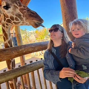 woman with small child feeding a giraffe