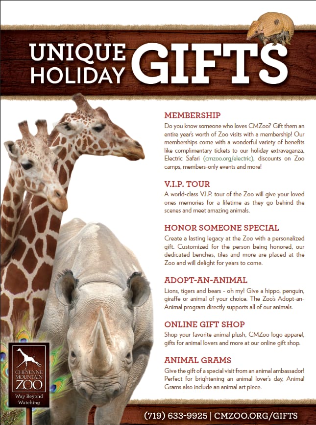 Graphic featuring unique gifts from the Cheyenne Mountain Zoo.