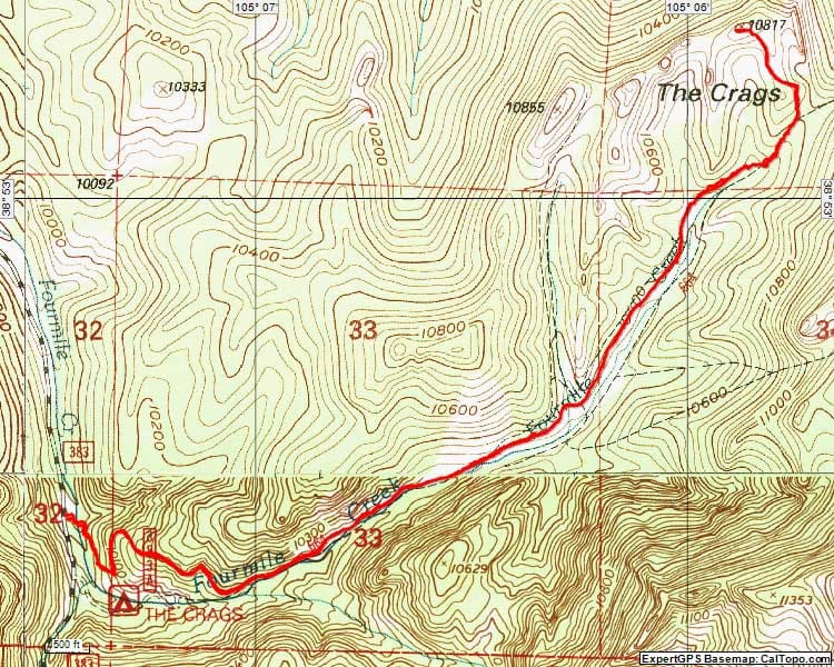 Topographic map of the Crags Trail system.