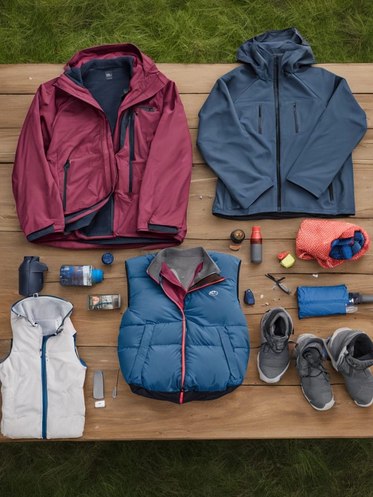 Layers of Clothing spread out on a table.