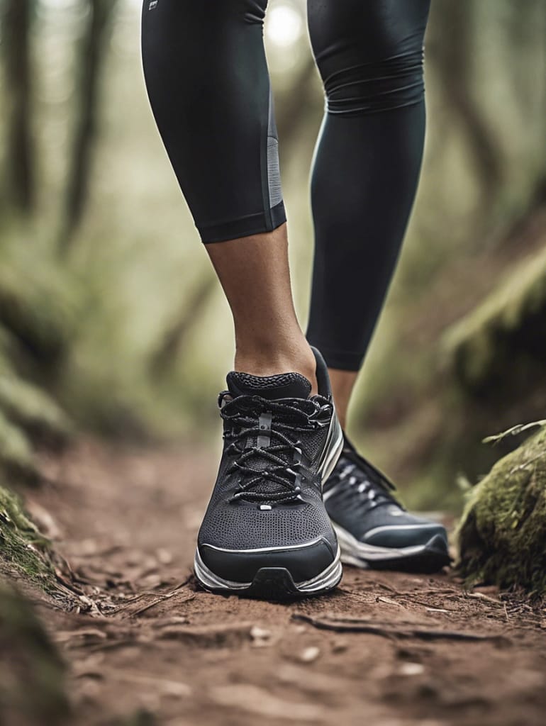Closeup of a woman's hiking shoes on a trail.
