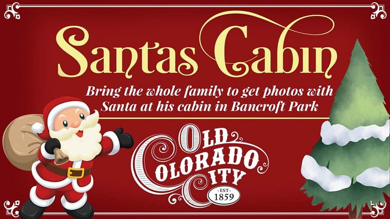 Graphic featuring cartoon Santa under the word's Santa's Cabin.